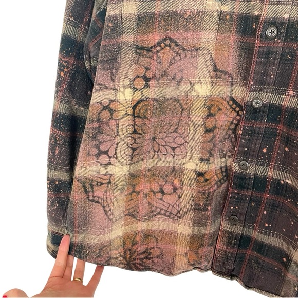 Handmade Floral Flannel Shirt Shacket Womens Plus XXL Bleached Plaid Button Down - Picture 7 of 13